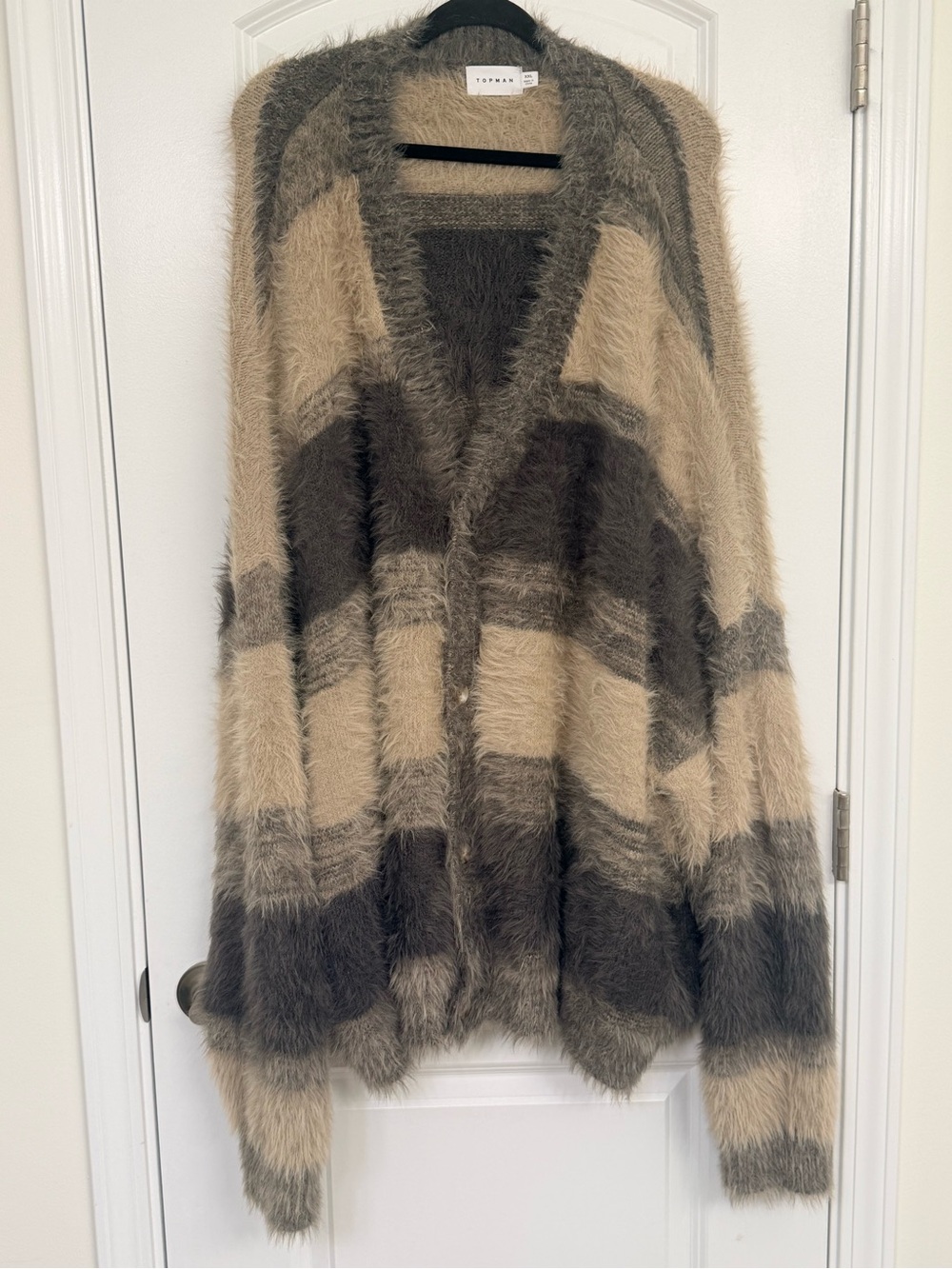 Topman Men's Fuzzy Striped Cardigan in Gray and Cream - Picture 2 of 11